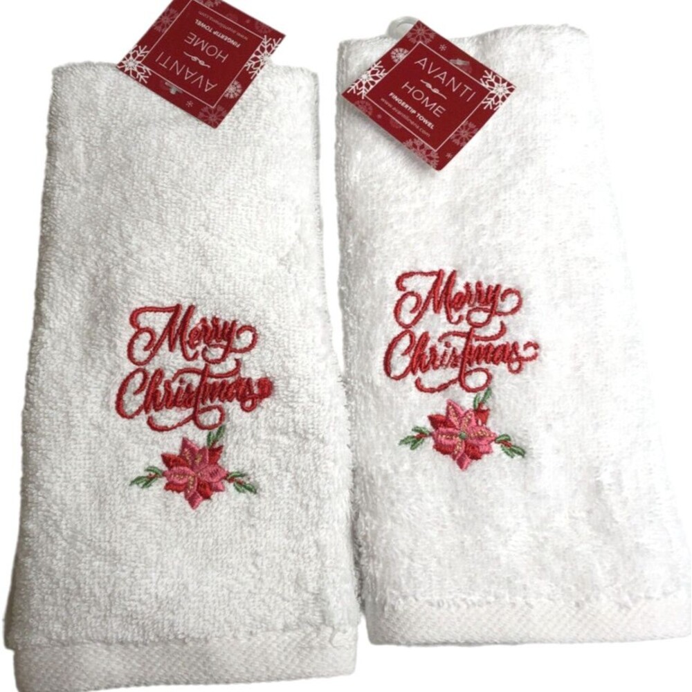Avanti Merry Christmas Fingertip Towels Poinsettia Embroidered Guest Set of 2